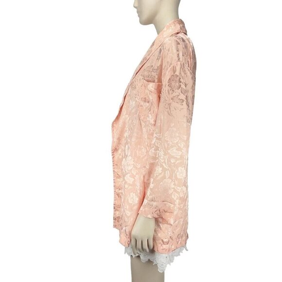 VINTAGE Collared Satin Luxury Pink Burn-Out Florals Long Sleeves Short Robe sz M - Picture 5 of 9